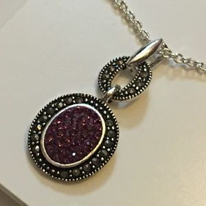 Genuine Marcasite, Fine Silver Plated, Purple & Black, Oval Pendant Necklace Nwt